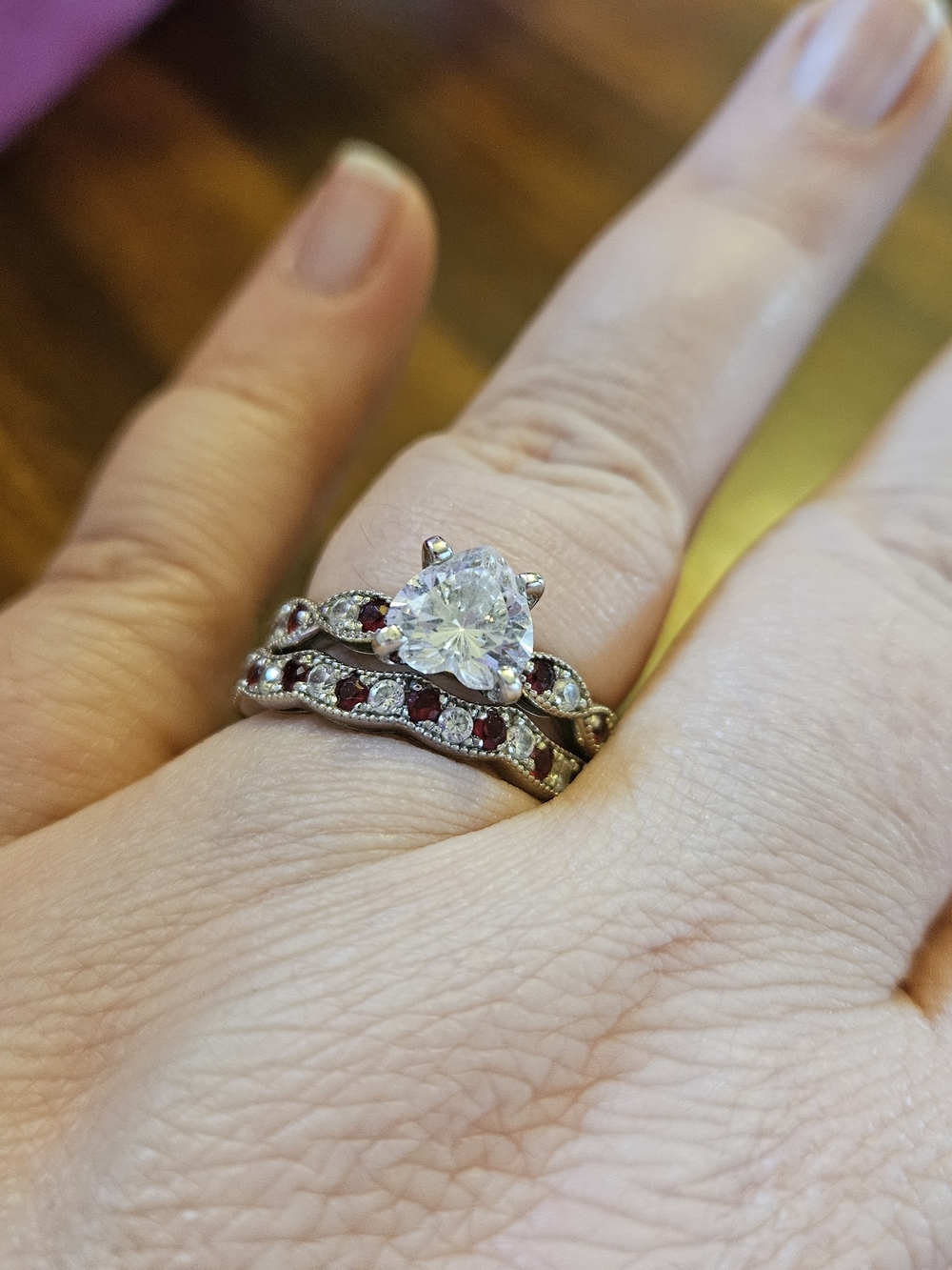 Heart Solitaire Engagement Ring with Ruby and Diamond Wedding Band Set - Silver